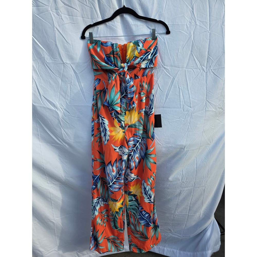 Lulus Tropical Print Strapless Tie Front Wide Leg Jumpsuit Orange Blue XS NEW
